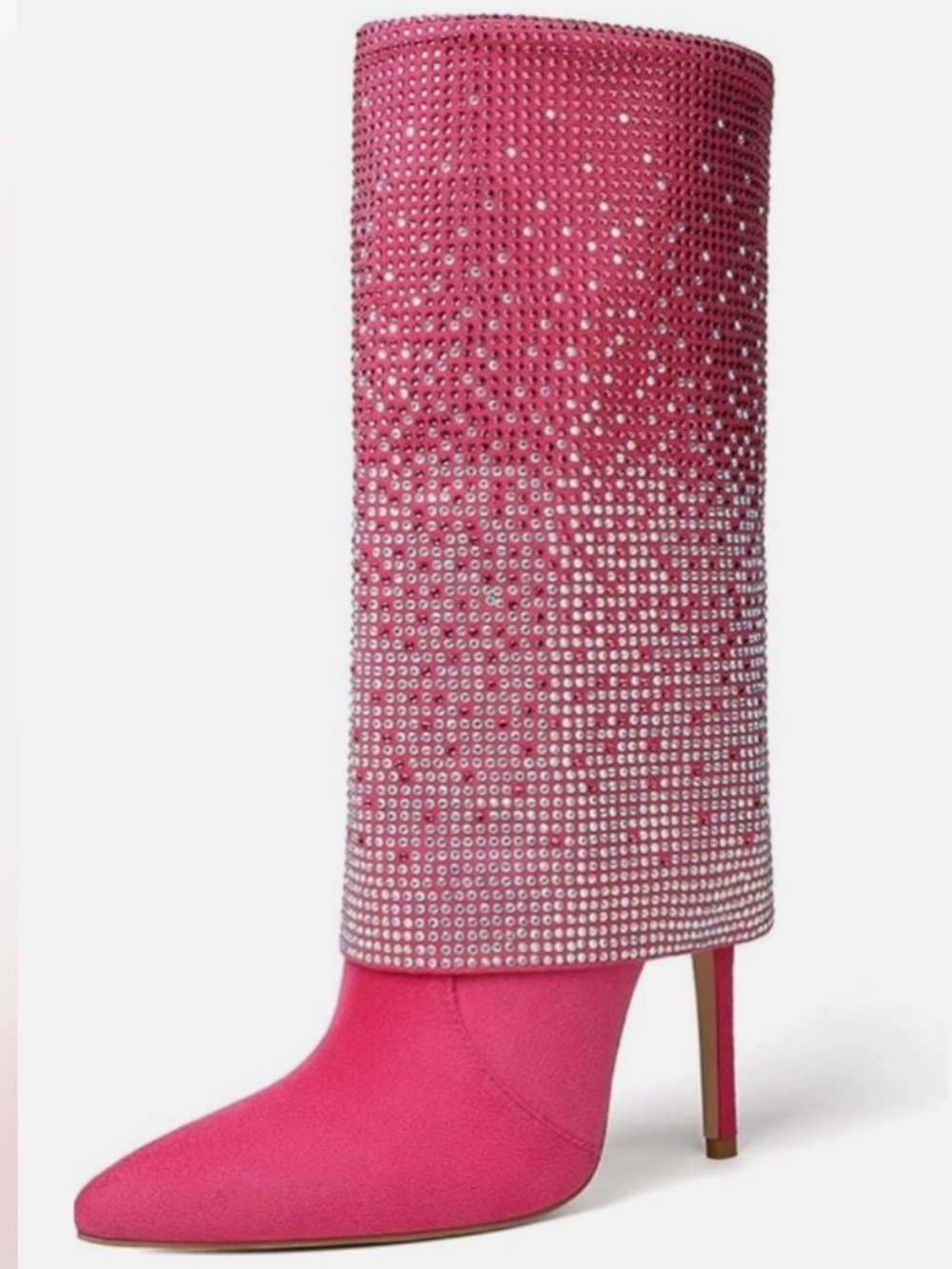 Fuchsia Pink Crystal-Embellished Suede Stiletto Mid Rise Fold-Over Boots Size 8